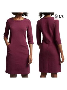Boden 4P Ottoman Rib Dress Purple Boat Neck Shift Sheath 3/4 Sleeve Pockets